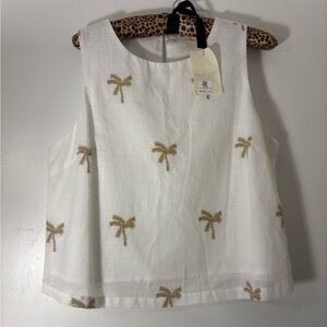 White Sleeveless Top with Gold Palm Tree Embroidery